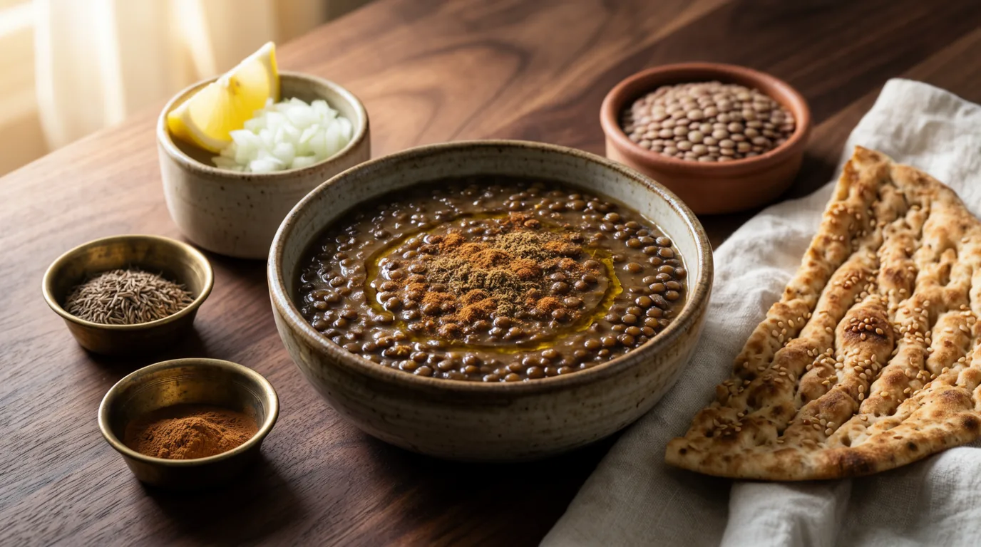 عدسی غلیظ در کاسه سفالی با زیره و دارچین، همراه نان سنگک