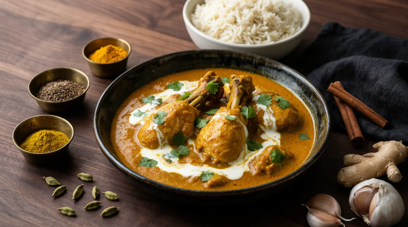 کاری مرغ هندی در کاسه سفالی همراه برنج باسماتی و ادویه‌ها