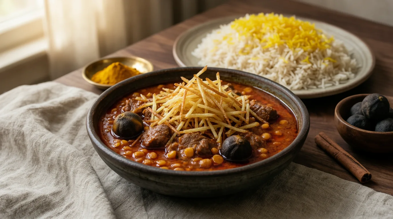 خورش قیمه جاافتاده با لپه، لیمو عمانی و خلال سیب‌زمینی سرخ‌شده