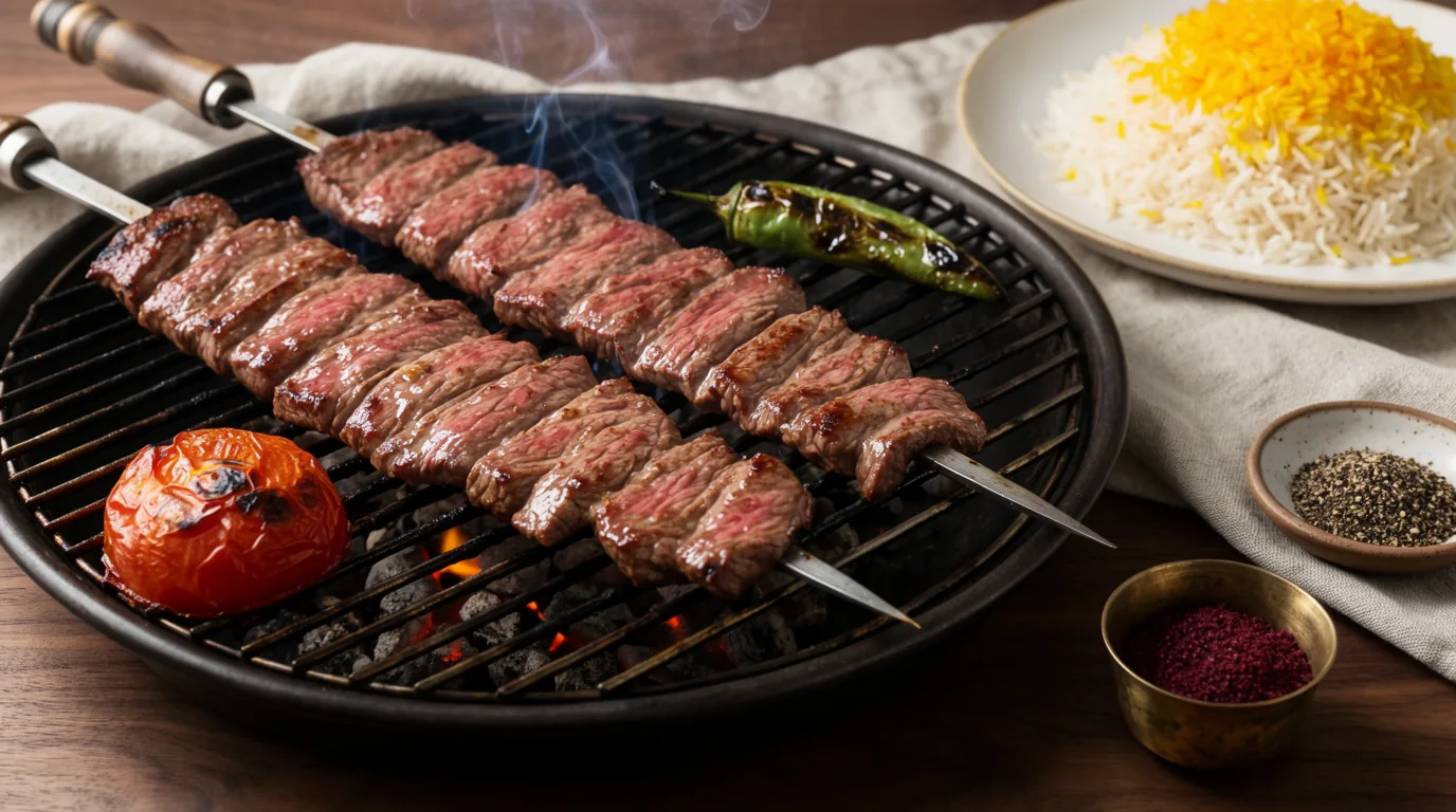 کباب برگ روی سیخ و زغال گداخته همراه گوجه کبابی و برنج زعفرانی