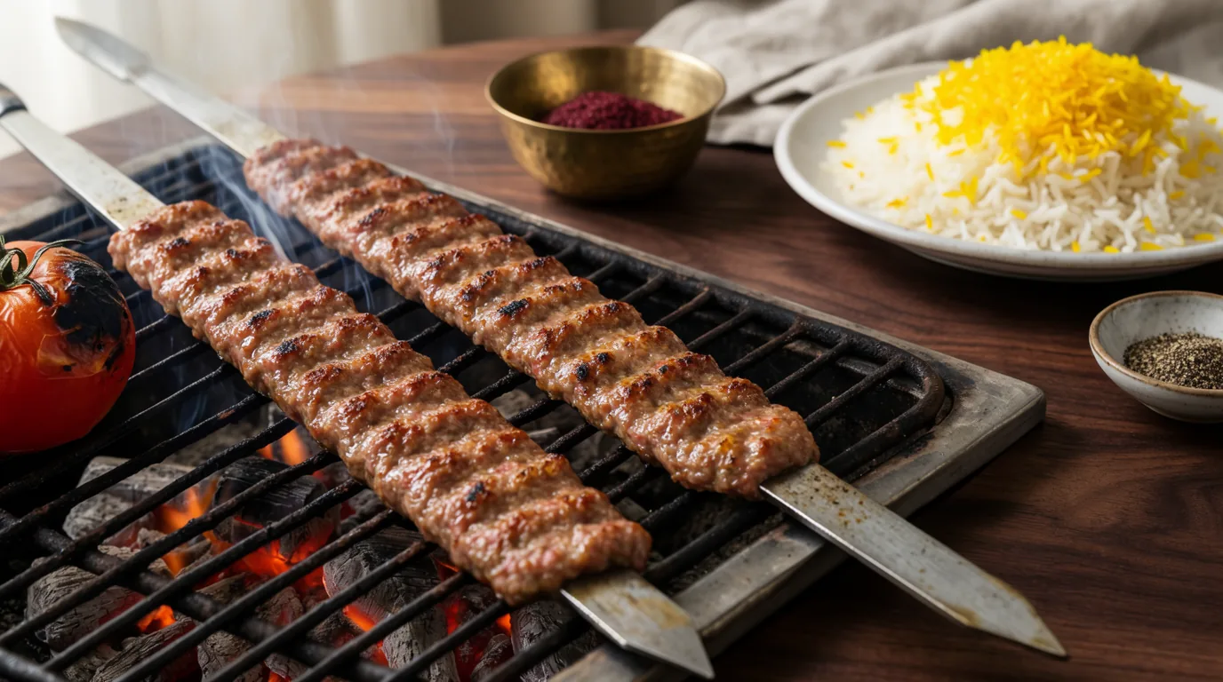 کباب کوبیده روی زغال همراه گوجهٔ کبابی، برنج زعفرانی و سماق