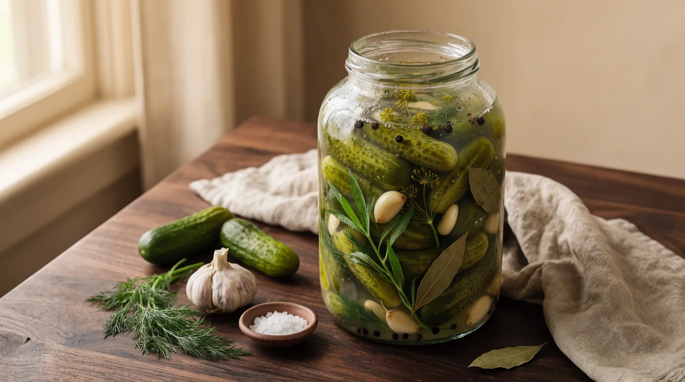 خیار شور خانگی در شیشه با سیر، شوید و ترخون