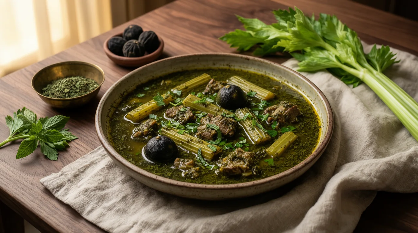 خورش کرفس با سبزی سرخ‌شده، کرفس ترد و لیمو عمانی