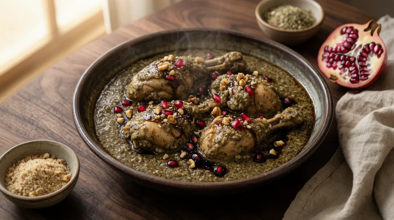 مرغ ترش گیلانی با گردو و رب انار در ظرف سفالی