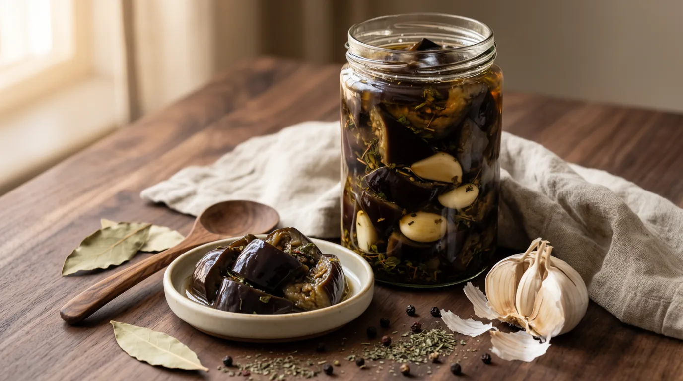 ترشی بادمجان خانگی در شیشه همراه سیر و برگ بو